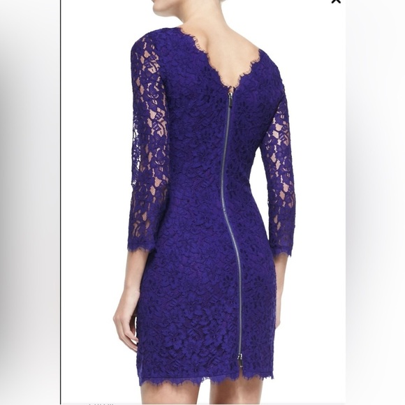 Diane von Furstenberg Zarita  in Chrome Purple 3/4-Sleeve Fitted Lace Dress Sz10 - Picture 3 of 14